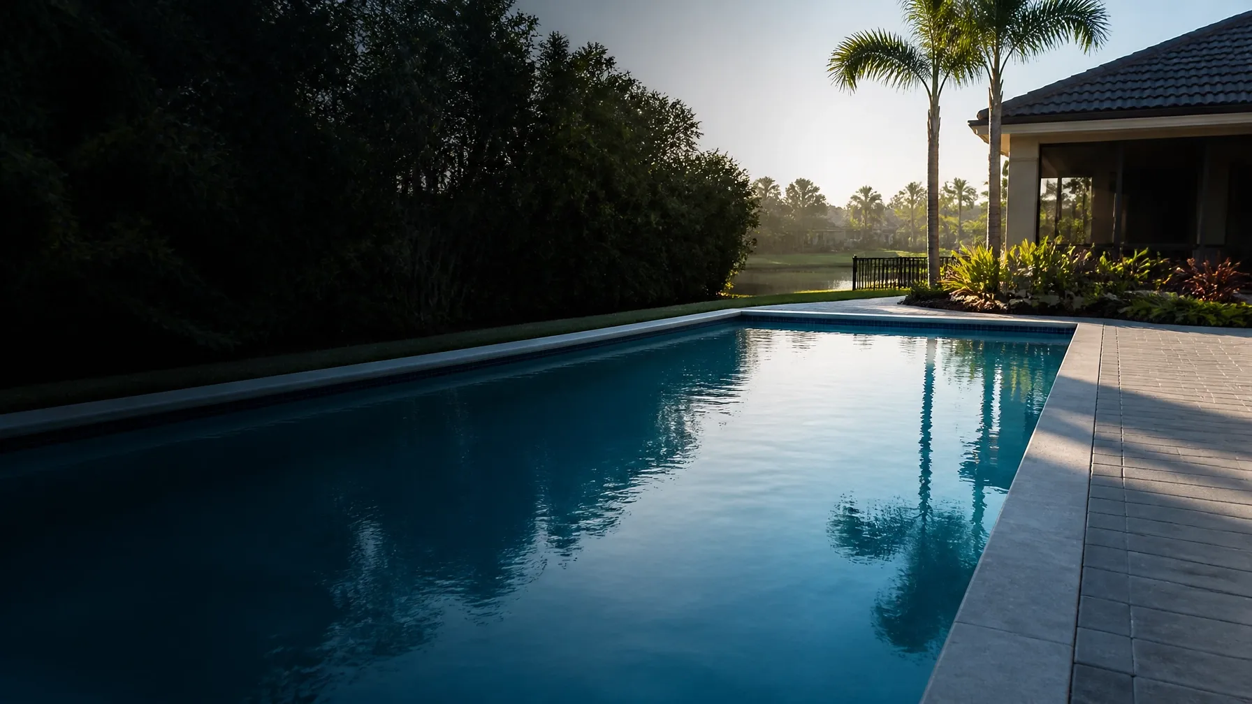 Blue residential swimming pool with palm shadows in Florida